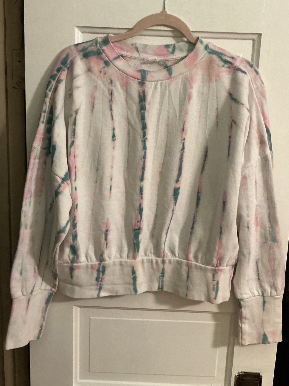 Old Navy White Tie-Dye Crewneck Sweatshirt with Pink & Teal Stripes
